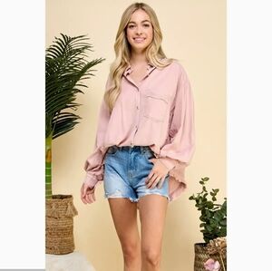 Vervet Oversized Frayed Seam Balloon Pink Distressed Button-Down Shirt Shacket